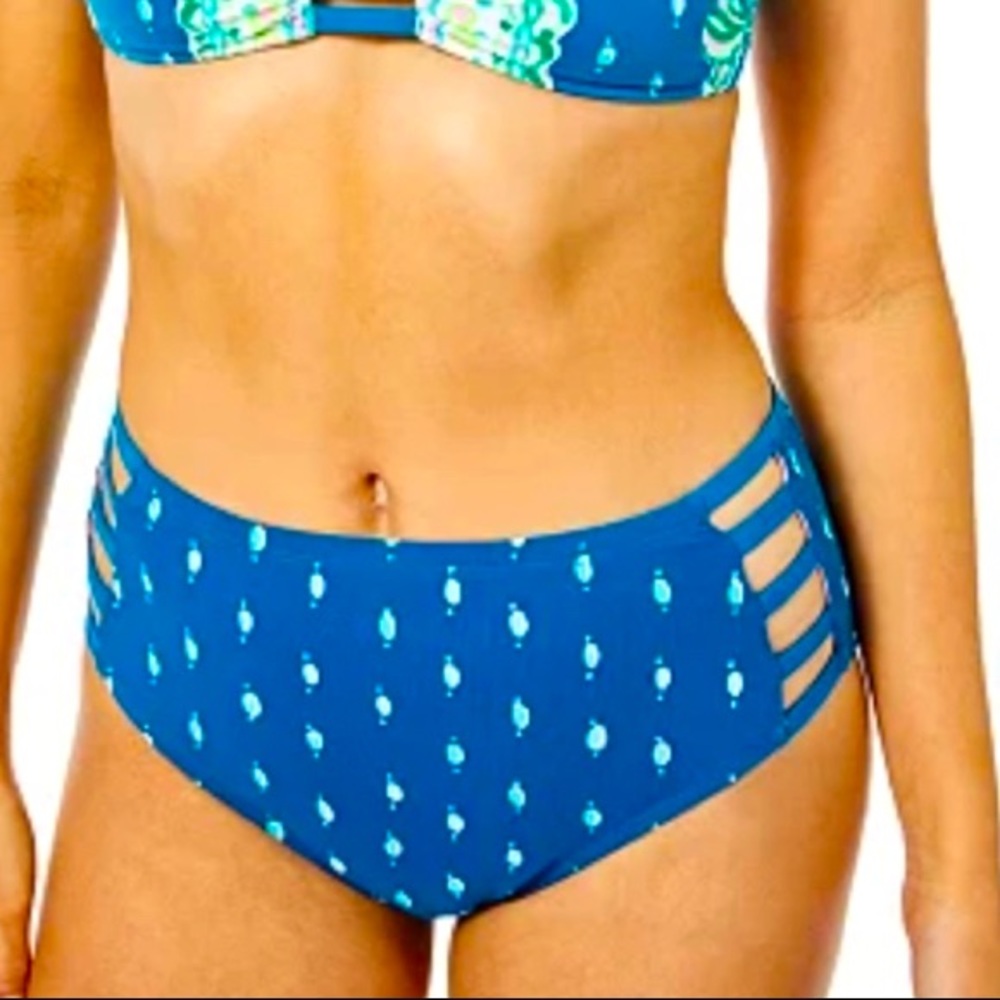 Lilly Pulitzer Rumy High Waisted Bikini Bottom Coconut Row Dot Macaw Blue